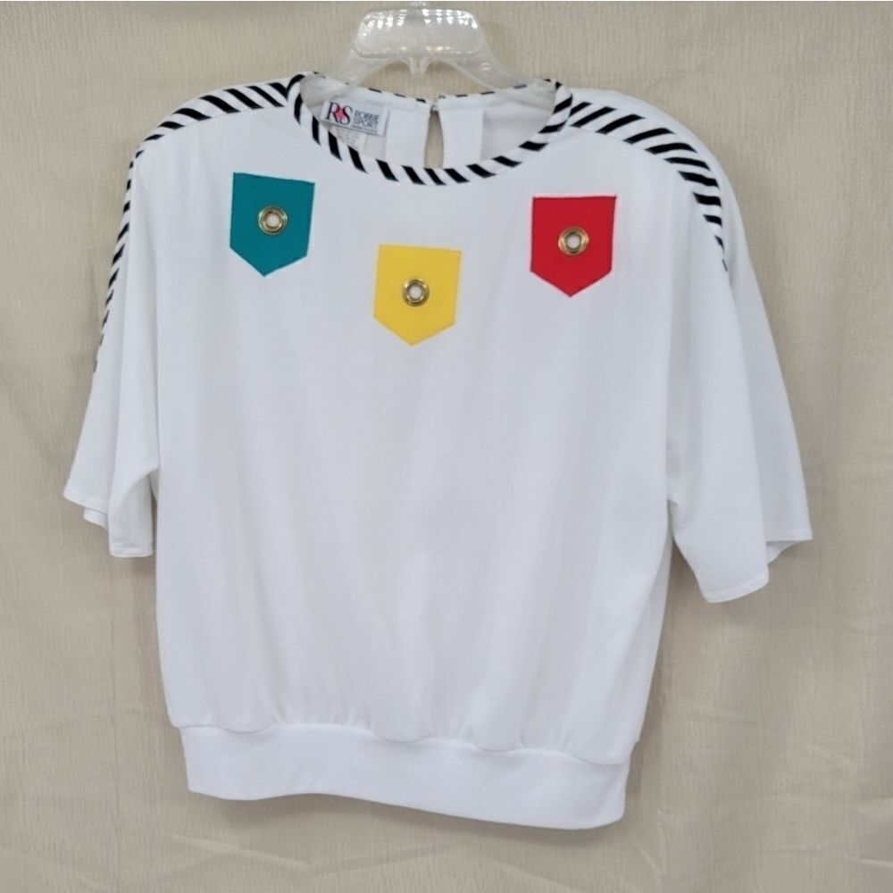 Robbie Sport Vintage Nautical 80s Blouse White  Short Sleeves Stripe Details